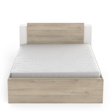 Cama individual con estructura en madera clara y cabecero tapizado blanco vista frontal