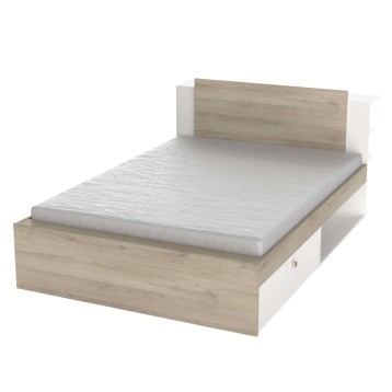 Cama matrimonial con estructura en madera clara y blanco combinado cabecero tapizado colchón blanco incluido