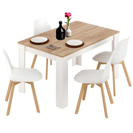 Conjunto de comedor con mesa rectangular tablero roble y base blanca y cuatro sillas blancas con patas madera