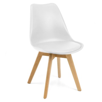 Silla de comedor blanca con asiento acolchado y patas de madera natural estilo nórdico