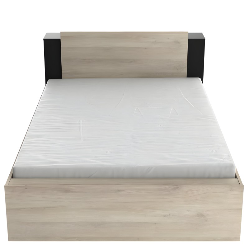 Cama con estructura en madera clara y cabecero tapizado en gris claro con laterales negros
