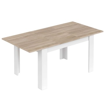 Mesa de comedor rectangular con tablero en madera clara y estructura blanca de cuatro patas