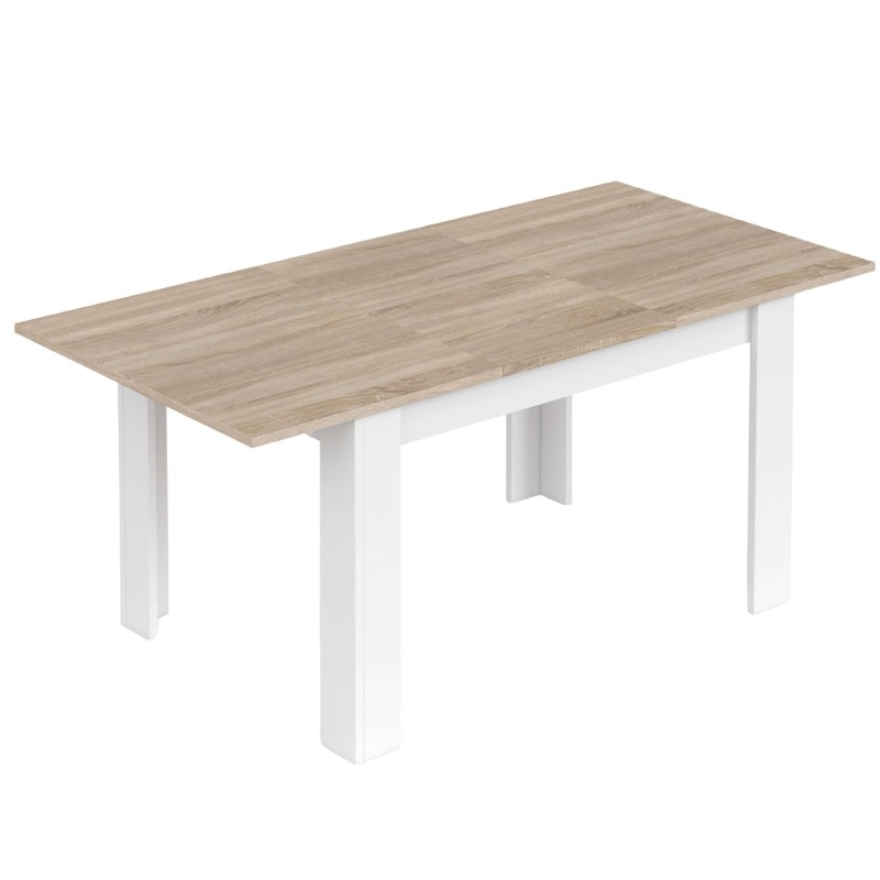Mesa de comedor rectangular con tablero en madera clara y estructura blanca de cuatro patas
