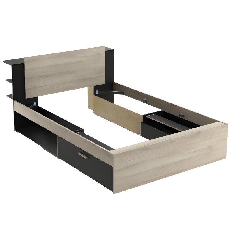 Cama con estructura de madera clara y costados negros con cajón de almacenaje integrado