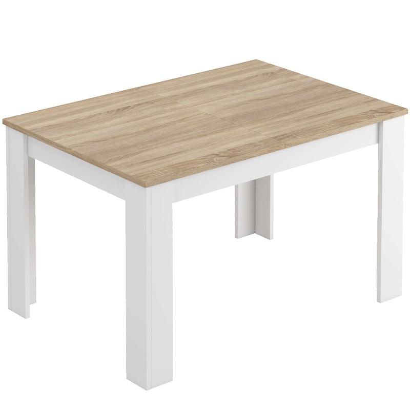 Mesa de comedor rectangular con tablero en madera clara y estructura blanca vista de frente