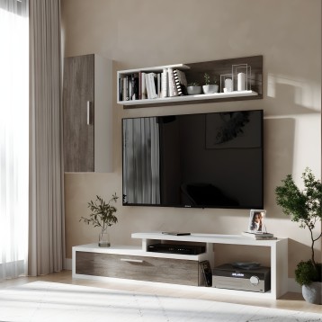 Mueble TV modular blanco y madera con estante flotante y repisa superior para almacenamiento en salón