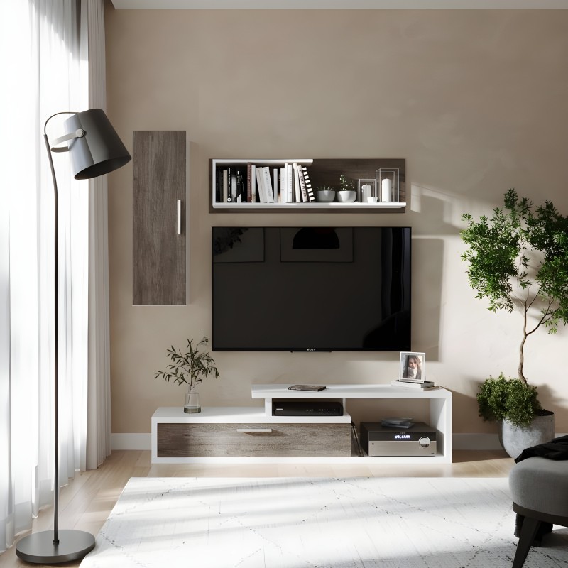 Mueble de TV blanco y madera con estantería flotante para libros y adornos en ambiente de salón moderno