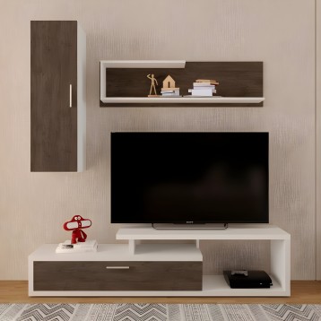 Conjunto de mueble TV modular con frente blanco y marrón oscuro con estante flotante y armario lateral en salón