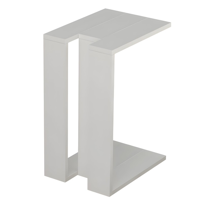 Mesa auxiliar blanca con estructura en Z y dos estantes horizontales en diseño minimalista