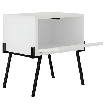 Mesita de noche blanca con cajón y patas negras inclinadas estilo retro