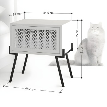 Mueble elevado para gatos gris claro con frente perforado y patas negras angulares vista con dimensiones y gato blanco