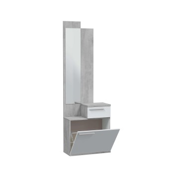 Recibidor modular en gris cemento con espejo vertical y cajón superior blanco y compartimento inferior con puerta abatible