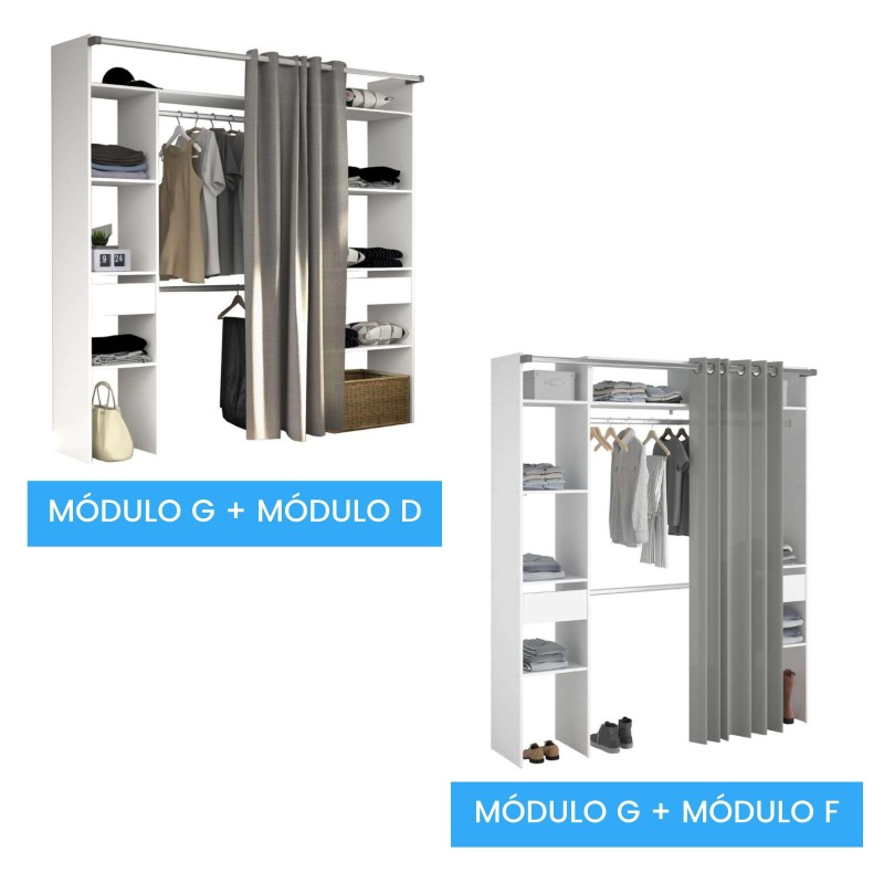 Sistema modular de armario blanco con barras de colgar y cortina gris para organizar ropa y accesorios