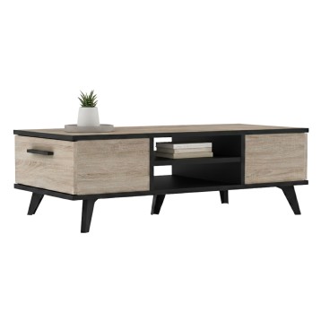 Mesa de centro con estructura negra y laterales en madera clara con cajón y estantes centrales abiertos
