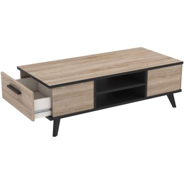 Mesa de centro estilo nórdico en madera clara y base negra con cajón abierto y estantes interiores