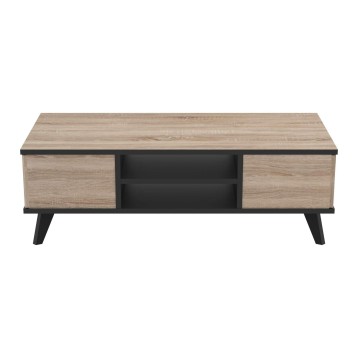 Mueble TV bajo madera clara y negro con puertas laterales y estantería central abierta sobre patas inclinadas