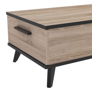 Mesita de noche madera clara con borde negro y patas metálicas oscuras y tirador frontal