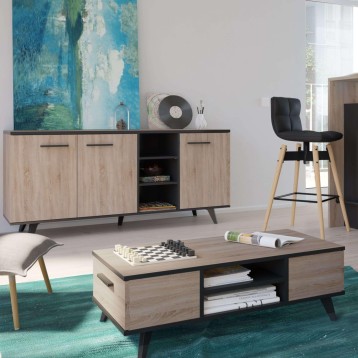 Salón moderno con aparador madera y negro con puertas y nicho central y taburete alto tapizado negro patas madera