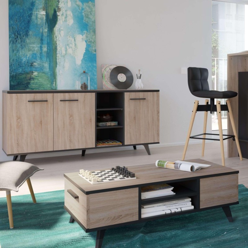 Salón moderno con aparador madera y negro con puertas y nicho central y taburete alto tapizado negro patas madera