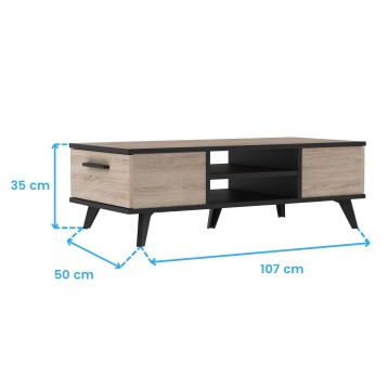 Mesa de centro estilo nórdico con tapa negra y estructura en madera clara con cajón y compartimentos abiertos