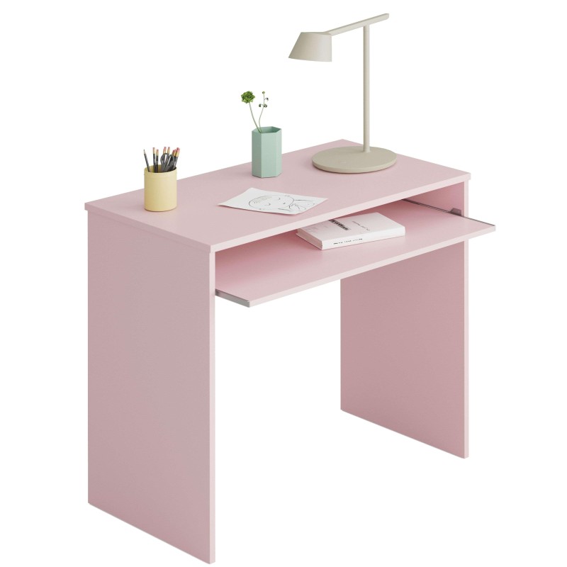 Escritorio rosa con estante deslizante y lámpara de escritorio beige en ambiente decorado