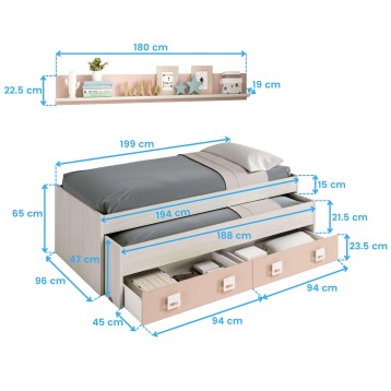 Cama nido madera clara con colchón gris y cajones almacenaje en base rosa con medidas técnicas