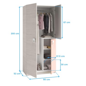 Armario modular gris claro y rosa con barra de colgar y estantes abiertos para ropa y accesorios