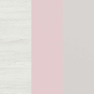 Panel decorativo vertical con frente rosa y lateral en madera blanca de textura natural