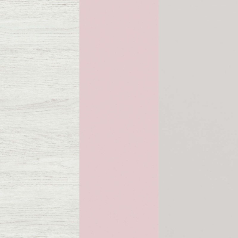 Panel decorativo vertical con frente rosa y lateral en madera blanca de textura natural