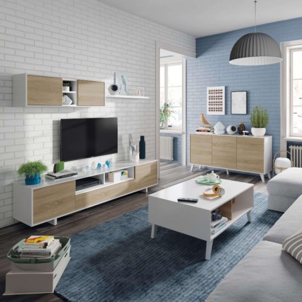 Salón moderno con mueble TV en madera y blanco y cómoda auxiliar a juego en ambiente de estar