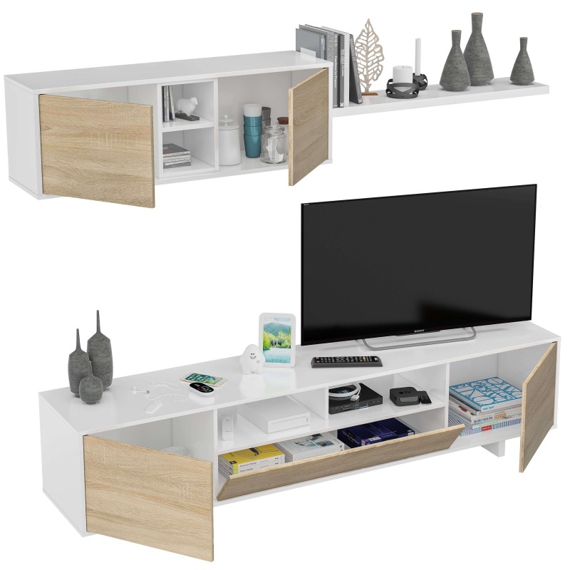 Mueble modular para TV blanco y madera con estantes abiertos y puertas de almacenaje estilo nórdico