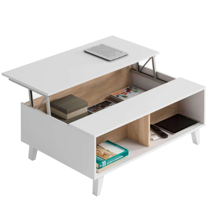 Mesa de centro blanca con tapa abatible y madera natural. Almacenamiento interior y estantes. Patas blancas. Detalle abierto con