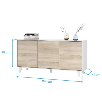 Aparador con tres puertas en madera clara y estructura blanca con patas de madera y superficie superior decorada