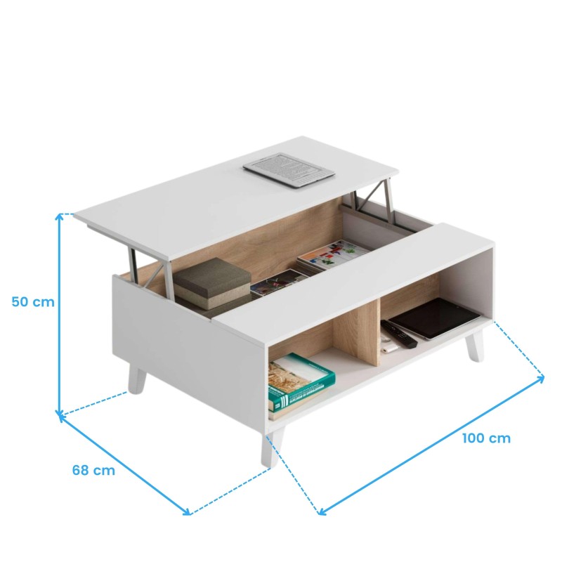 Mesa de centro blanca con tapa elevable y almacenamiento en madera natural y compartimentos abiertos inferiores