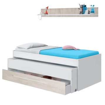 Cama infantil blanca con colchón azul y cajones de almacenamiento extraíbles bajo el somier