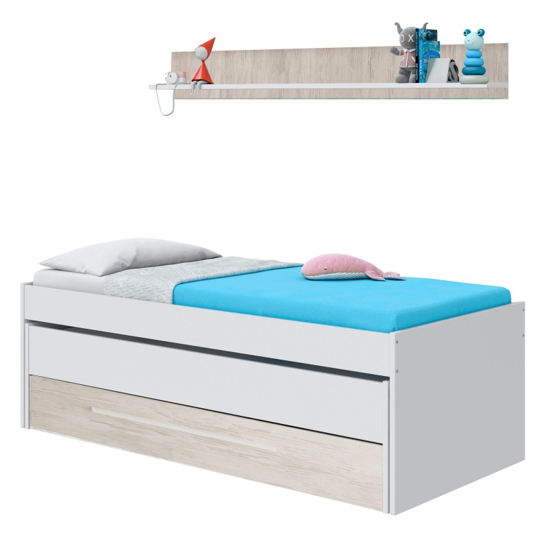 Cama infantil con cajones en blanco y madera con sábana azul y estante flotante de madera arriba