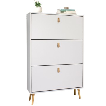 Cómoda blanca de tres cajones con tiradores de madera y patas de madera clara estilo nórdico