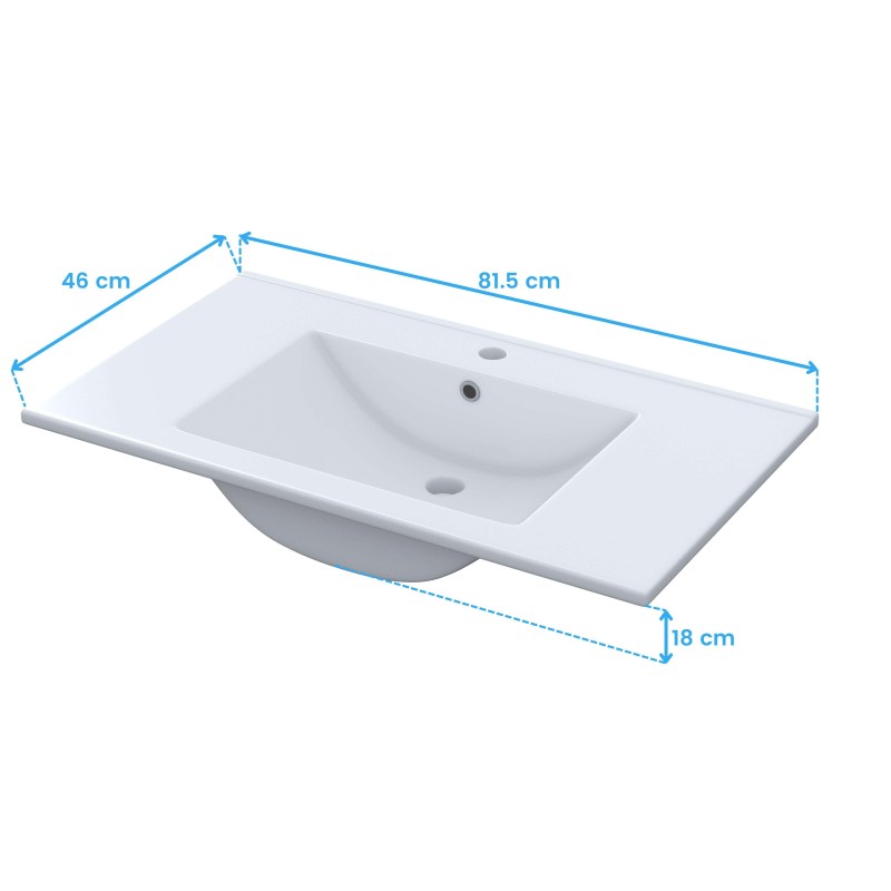Lavamanos rectangular blanco con cuenca integrada y encimera vista superior con medidas de dimensiones