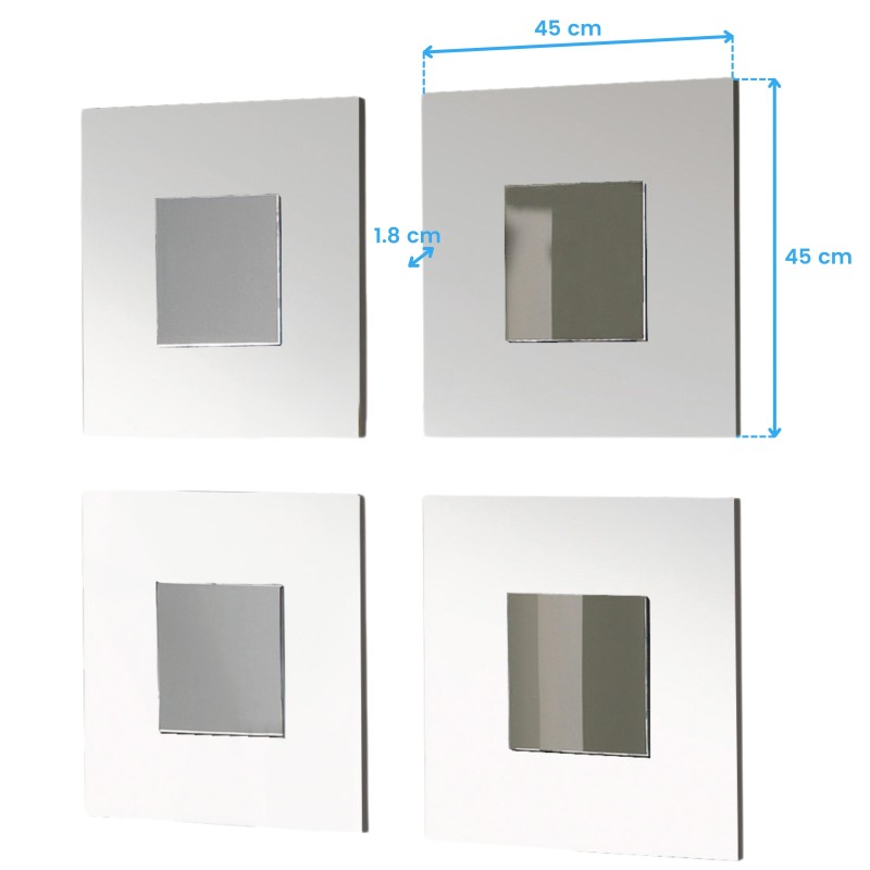 Espejo cuadrado con marco blanco y borde gris de 45x45 cm visto desde diferentes ángulos y profundidades