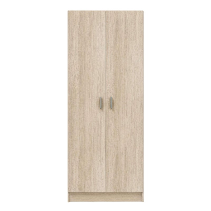 Armario de dos puertas en madera clara con tiradores metálicos y base inferior
