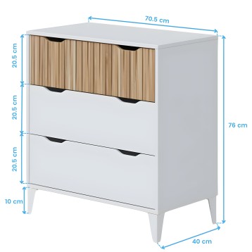 Cómoda con tres cajones de madera y blanca con frente estriado y tiradores negros