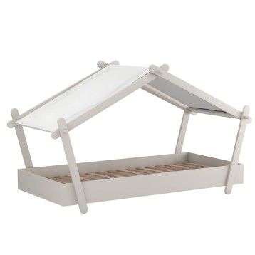 Cama infantil con dosel en forma de casita color blanco y techo abatible con somier de madera