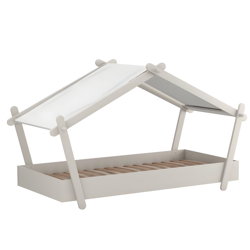 Cama infantil con dosel en forma de casita color blanco y techo abatible con somier de madera