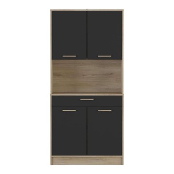 Armario alto modular con puertas negras y estructura en madera natural con estante central y cajón central