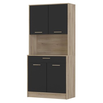 Mueble modular en madera clara y puertas negras con estante central abierto y tiradores metálicos