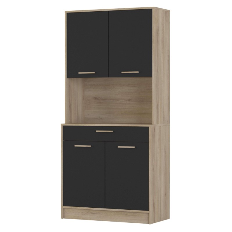 Mueble modular en madera clara y puertas negras con estante central abierto y tiradores metálicos