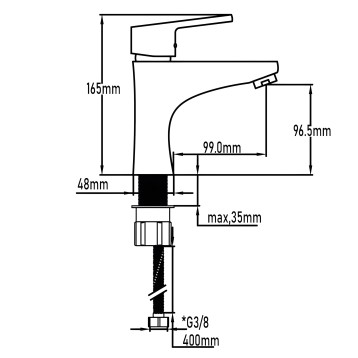 Grifo monomando de lavabo con caño curvo y cartucho de cerámica vista en plano técnico lateral