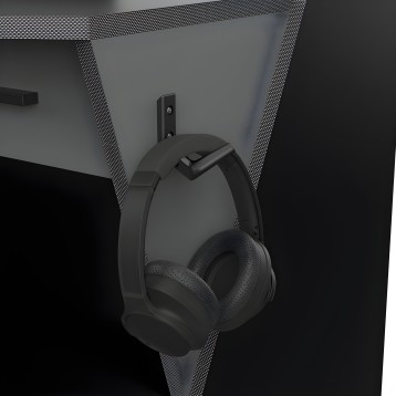 Soporte lateral para auriculares con gancho metálico y base negra