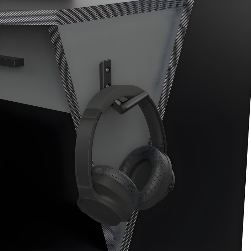 Soporte lateral para auriculares con gancho metálico y base negra