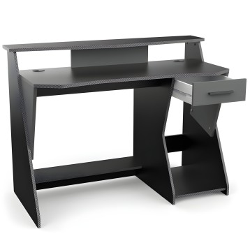 Escritorio gamer negro con estante superior y estantería lateral abierta y cajón extraíble
